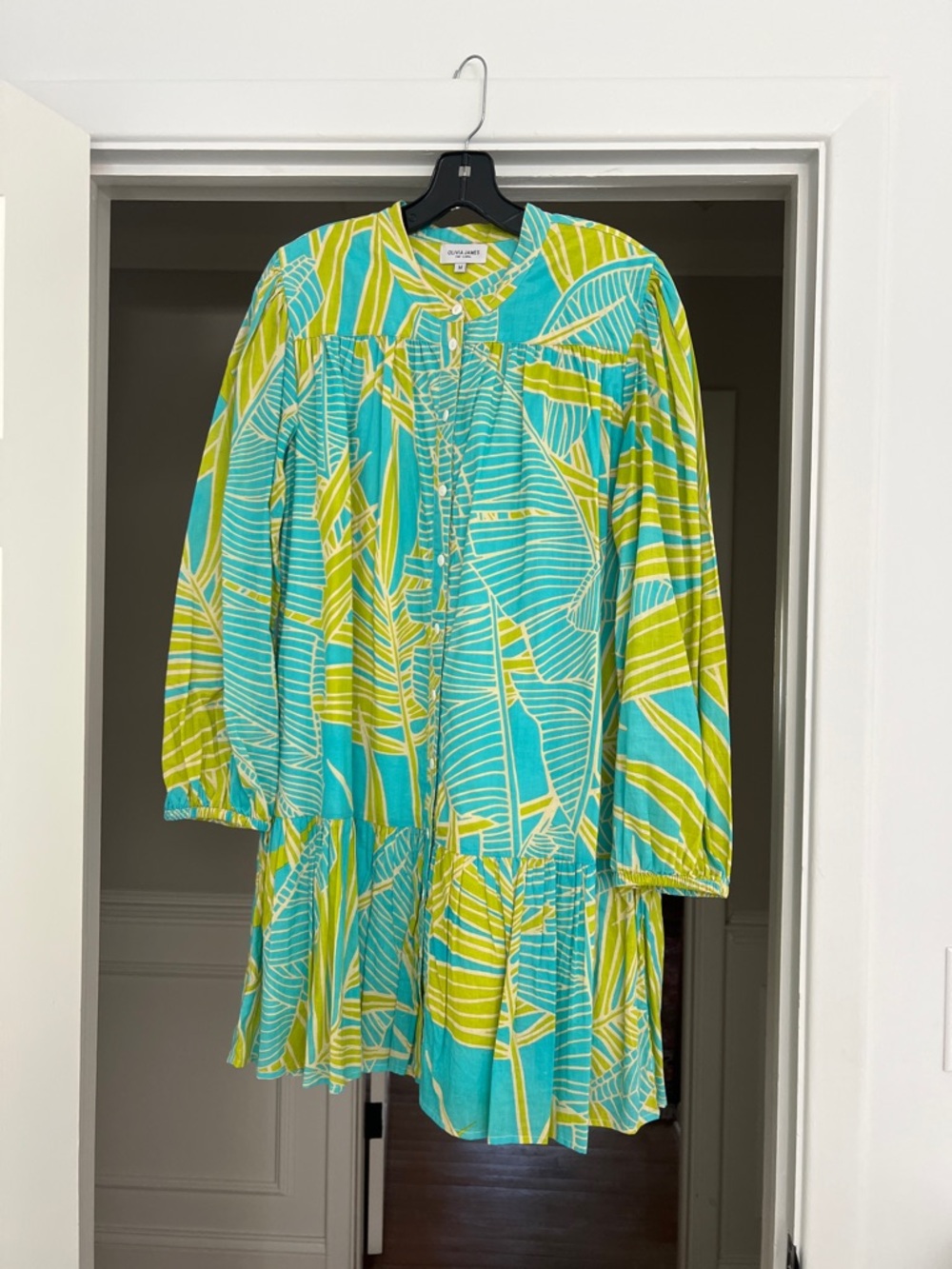 Printed Long Sleeve Tiered Dress - Aqua & Lime
